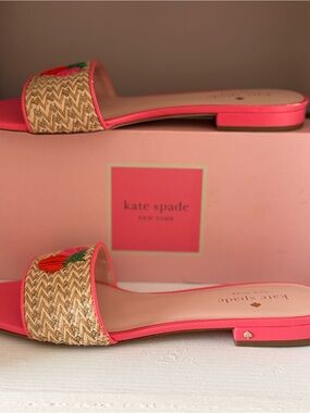 Kate Spade coral pink Raffia Sandals with Embroidered Detail